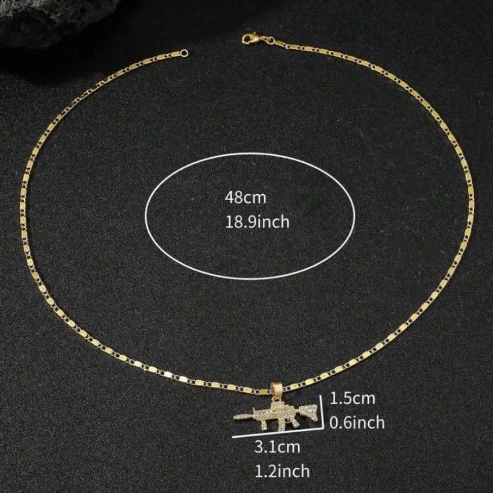 3for$20 1pc Gold-Color Luxury Cubic Zirconia Men's Gun Pattern Pendant Necklace